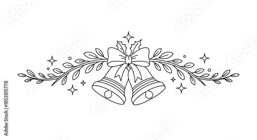 An elegant black and white line art decoration with two Christmas bells a bow holly leaves and sparkling stars for the holidays.
