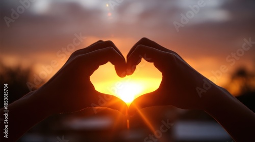 Hands forming heart shape with sunset background warm colors conceptual