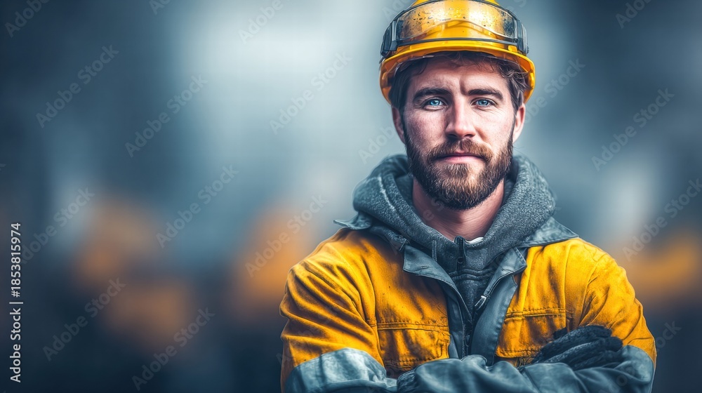 Fototapeta premium A determined construction worker with a beard, ready to build and work in the construction site.
