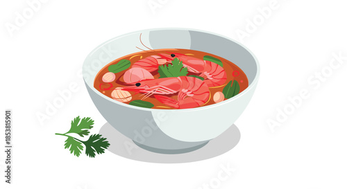 Delicious and spicy Tom Yum soup with fresh shrimp and herbs served in a white bowl in a detailed vector food illustration.