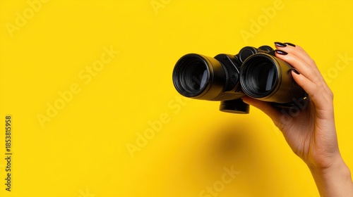 Hand holding binoculars against vibrant yellow background for observation and vision concept