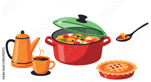 Cozy and warm autumn meal illustration with a pot of stew a hot cup of coffee and a fresh pie isolated on a white background.
