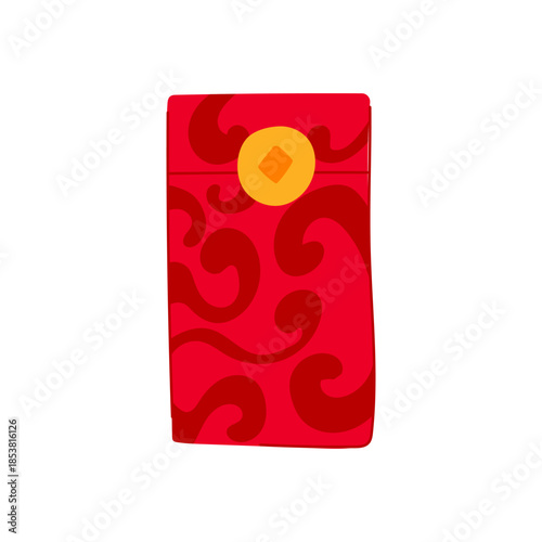 Red angpao envelope featuring traditional golden coin and swirling decorative patterns, symbolizing good luck and prosperity for chinese new year and other festive occasions