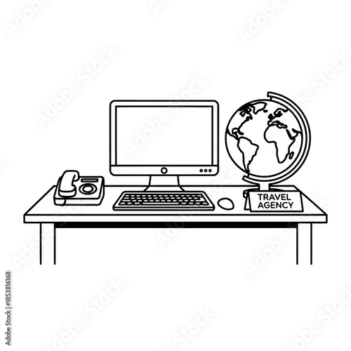 Illustration of a desk with a computer, telephone, and globe representing a travel agency office setup
