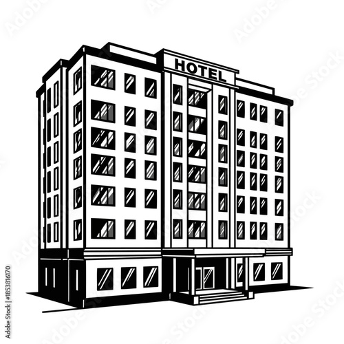 Black and white illustration of a multi story hotel building with many windows and a prominent sign that reads hotel above the entrance