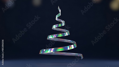 Holographic Christmas tree with rainbow colors on dark background