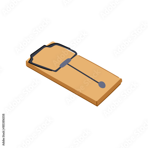 Wooden mousetrap device featuring a spring loaded bar and bait holder, ready to snap shut, symbolizing concepts of danger, risk, problem, and imminent capture