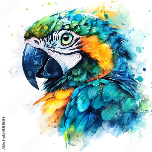 Parrot, artistic semi-realistic fantasy style, soft glow effects, watercolor illustration, white background