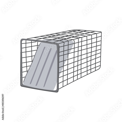 Humane live animal cage trap vector showing wire mesh enclosure with gray trigger mechanism, for safe capture, control and removal of small pests and wildlife, isolated on white