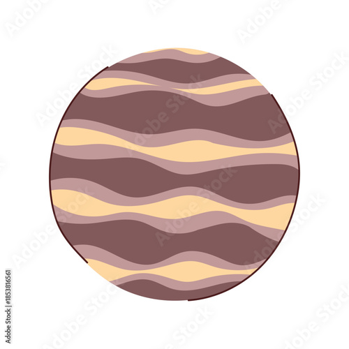 Circular graphic illustration featuring undulating horizontal stripes in warm brown and cream tones, creating a modern and decorative background with an oriental design influence