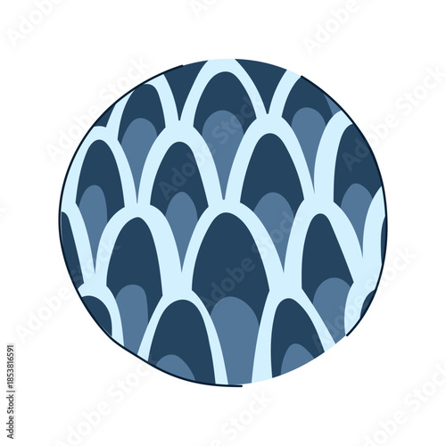 Abstract circular symbol featuring a stylized blue asian pattern resembling scales or waves, creating a motif of repeating arched shapes, useful for backgrounds or design elements