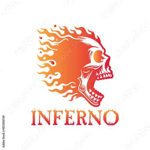 Flaming skull inferno logo with bold fire illustration in red orange vector style