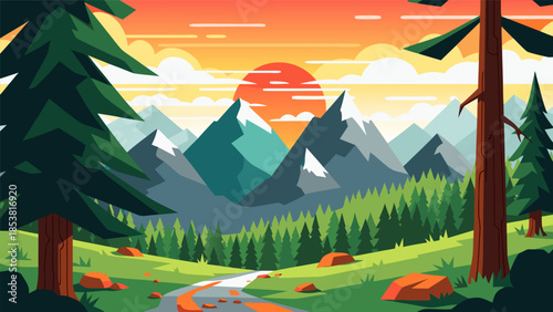 Vibrant sunset casting warm hues over majestic snow-capped mountains and a lush green forest with a winding river