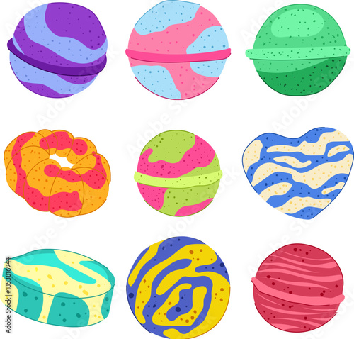 Set of diverse colorful bath bombs in various shapes and patterns, illustrating themes of relaxation, beauty, personal hygiene, and spa treatment for a luxurious bathing experience
