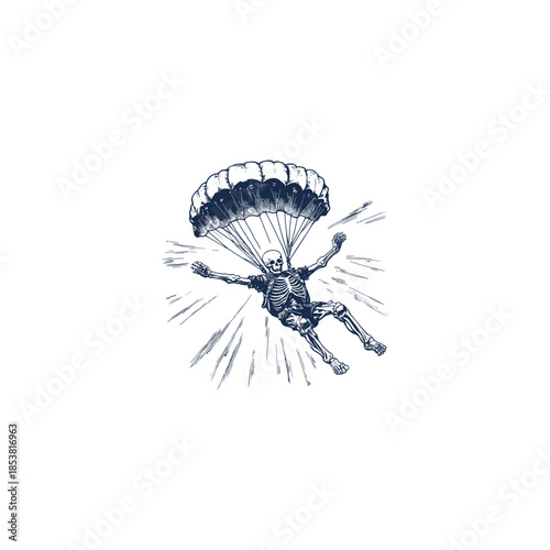 Vintage hand-drawn illustration of a skeleton skydiving through the air with an open parachute