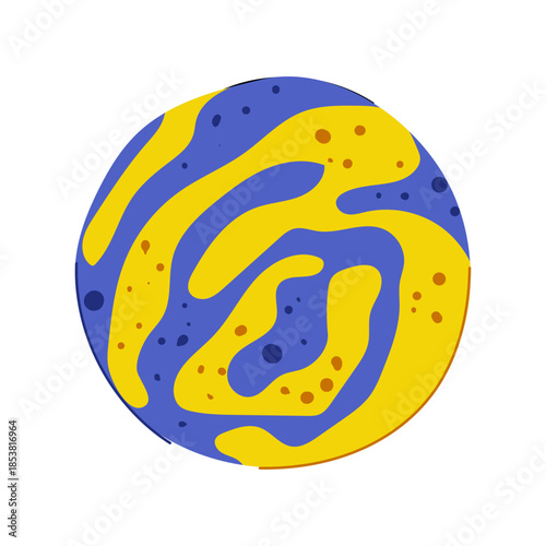 Bath bomb displaying an abstract pattern of dark blue and bright yellow swirls with small particles, creating a relaxing and effervescent visual effect