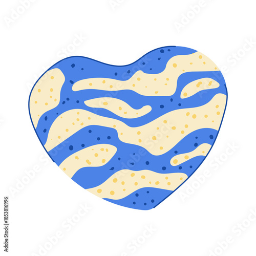 Heart shaped bath bomb displaying a vibrant, wavy blue and yellow pattern with speckled texture, symbolizing self care, relaxation, and a luxurious spa experience