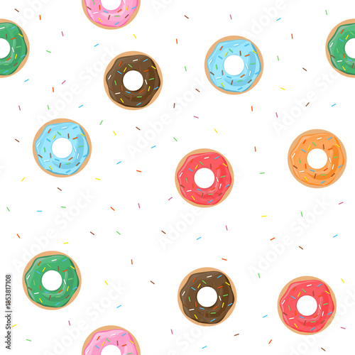 Seamless Pattern of Colorful Glazed Donuts with Sprinkles on White Background