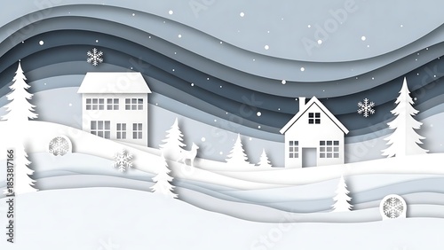Serene winter landscape with snow covered houses and trees