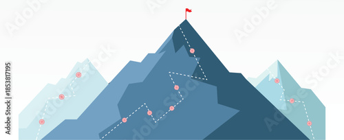 Mountain progression path. Business path is on the way to concept of success. Climbing progress route, mountain peak overcoming, mountain climbing path with white flag on top vector illustration. 