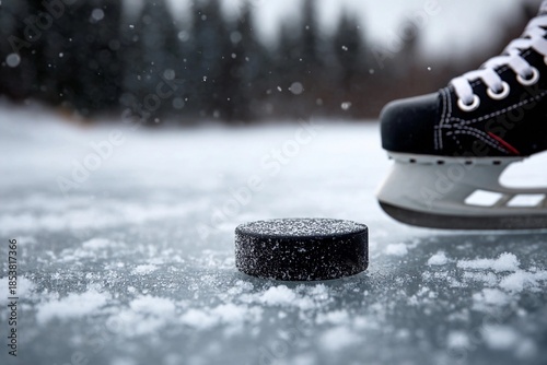 Hockey player readies to hit puck on ice