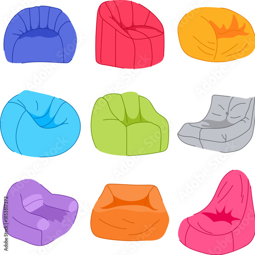 Grouping different styles and vibrant shades of soft bean bag chairs across a white background, representing modern casual seating and comfort in home interior design