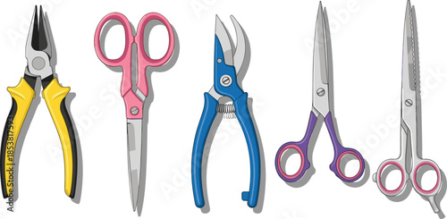 Set of various cutting and hand tools including yellow pliers, pink household scissors, blue garden pruners, purple office scissors, and hair thinning shears