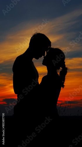 Romantic couple embracing at sunset, warm light and beautiful sky creating a tender moment of love, connection, and emotional harmony. The video is generated from my real photo.