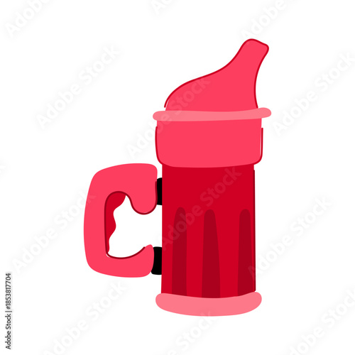 Red sippy cup with built in handle and spout, studio isolated on white, durable plastic toddler drinking bottle symbolizing hydration, independent feeding and early childhood care