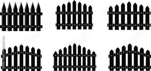 A set of six identical black picket fence graphics arranged in two rows
