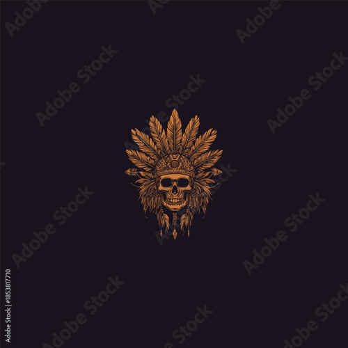 Vintage hand-drawn illustration of a human skull wearing a grand tribal feather headdress with ornate patterns and hanging charms