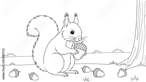 Wild Squirrel Eating Nut Line Art Illustration for Kids Coloring Book Page