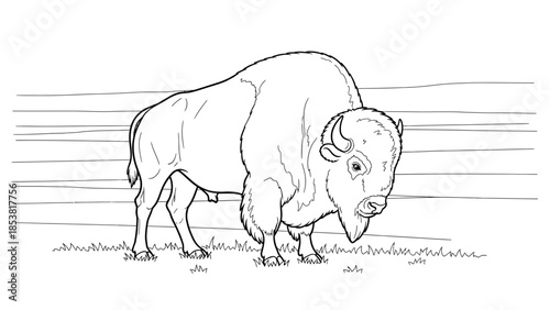 Wild Bison Standing in Prairie Line Drawing for Kids Coloring Page