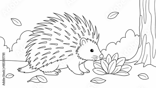 Hedgehog Foraging in Nature Line Art Coloring Page for Children