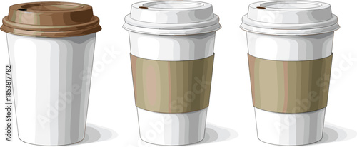 Set of white disposable coffee cups with brown lids and cardboard sleeves isolated on white background for mockup and branding.