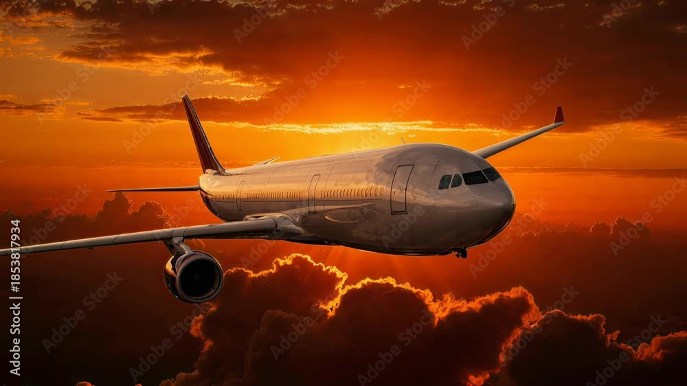 custom made wallpaper toronto digitalPassenger airplane flying above clouds at sunset, warm golden light reflecting on wings, peaceful travel mood in the sky. The video is generated from my real photo.