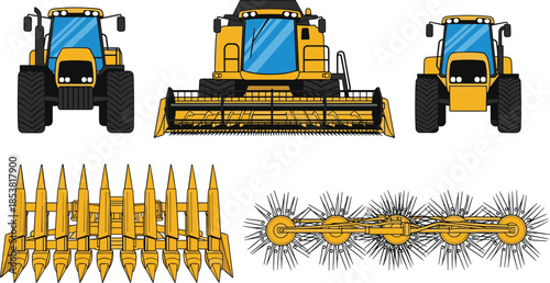 Set Of Yellow Agricultural Machinery Vector Illustrations Including Combine Harvester Front View Tractors And Specialized Farming Equipment For Modern Crop Harvesting