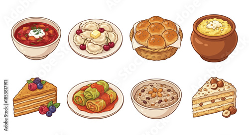 set of Ukrainian traditional cuisines isolated