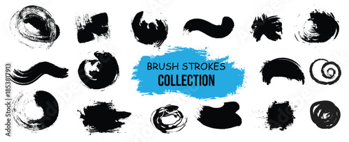 Grunge style hand-drawn thick brush strokes in acrylic paint. Ink splatters, grungy painted lines, artistic design elements. Creative vector shape or background art illustration template.