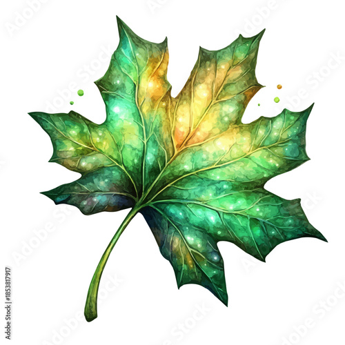 Sycamore Leaf, artistic semi-realistic fantasy style, soft glow effects, watercolor illustration, white background