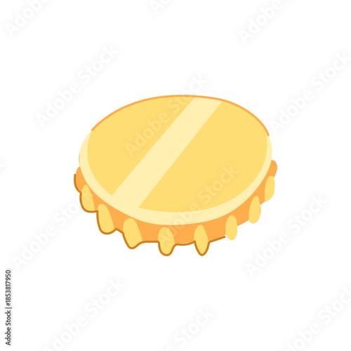 Yellow beer bottle cap with corrugated edge in a flat, minimalist illustration style on white background, ideal for packaging, beverage design, icons, and summer themes