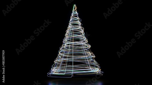 Vibrant light sculpture of a Christmas tree on black background
