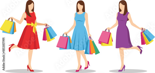 Three Fashionable Women Carrying Colorful Shopping Bags Vector Illustration Representing Seasonal Sales Retail Therapy Girl Power And Lifestyle Consumerism For Commercials