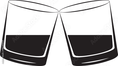 Simple black and white illustration of two whiskey glasses clinking in a toast