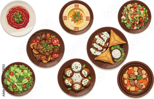 Top view collection of traditional middle eastern food dishes including hummus falafel salad meat stew and samosas on white background.