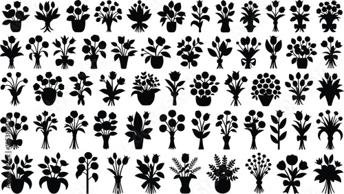 Collection of decorative flower bouquet silhouettes, floral plant arrangements set, botanical design elements for wedding, greeting card, logo, black vector illustration isolated on white background