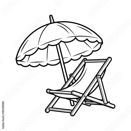 Black and white illustration of a single deck chair with a scalloped edge umbrella providing shade on a white background