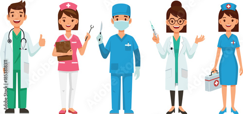 Cartoon medical team, healthcare workers, doctor nurse surgeon, hospital staff, professional roles, vector illustration, medical tools, uniform design, clinical theme, support concept
