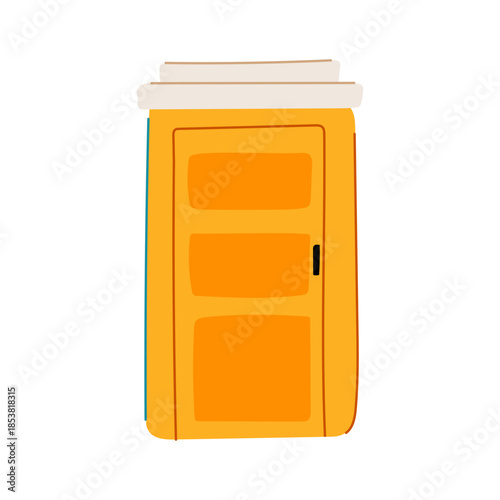 Orange mobile toilet unit standing on a white background, representing temporary sanitation solutions for outdoor events, construction sites, and public gatherings
