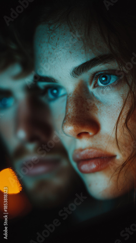 Emotional portrait of freckled woman with mirror reflection, cinematic lighting, intimate mood, close up composition.

